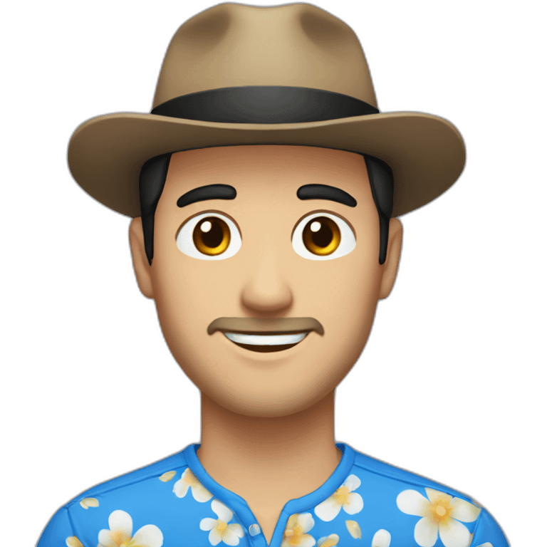 White Man with black hair, strip blue flowered shirt, brown hat emoji