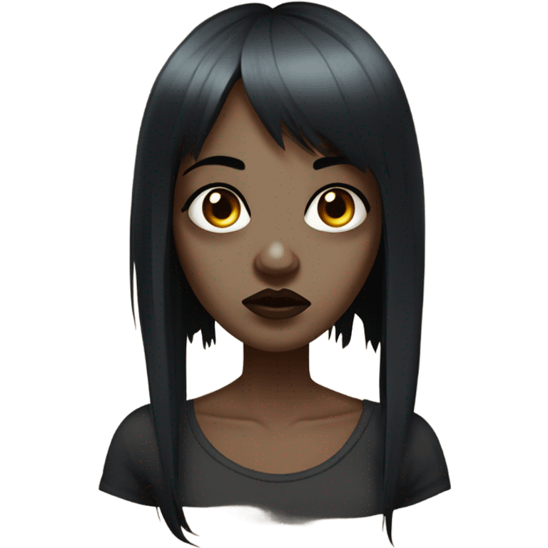 A zombie woman, black hair, bangs above the eyebrows, brown eyes, side labret piercing, double nostril piercing, and septum piercing. emoji