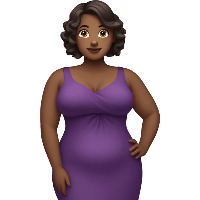 curvy woman holding chest, dark brown hair, purple dress emoji