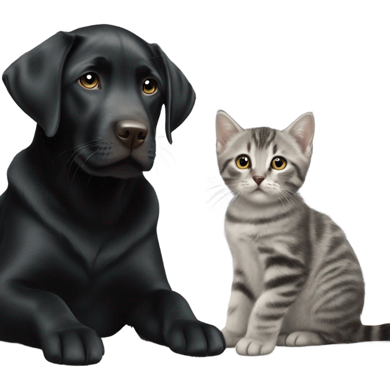 Black lab with grey tabby kitten with white legs emoji