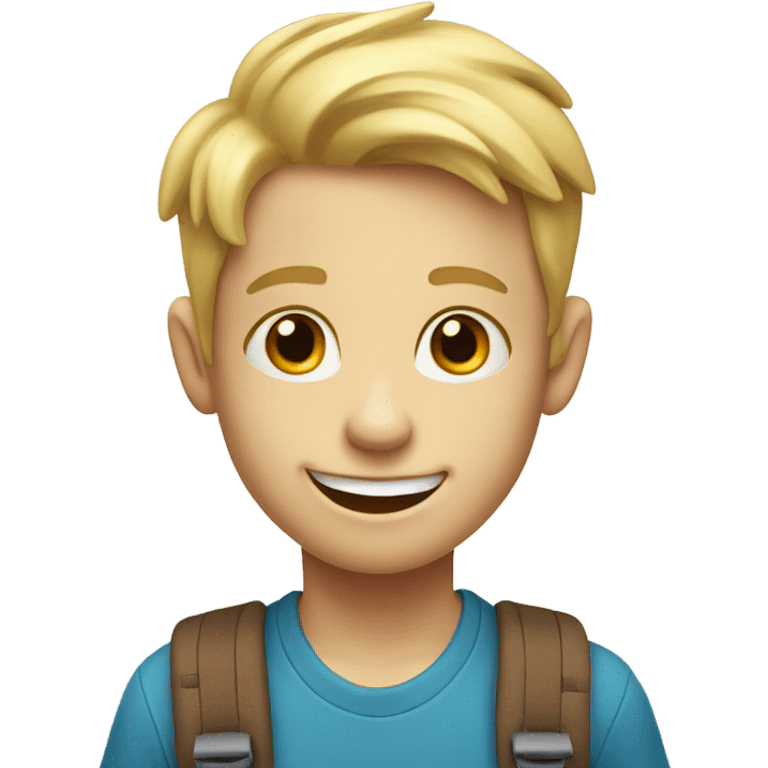 smiling blonde boy with front tooth missing and with backpack emoji