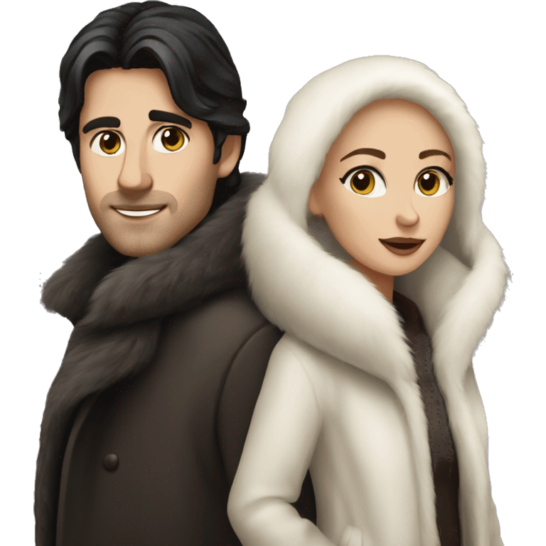 Dark haired White couple in long fur coats emoji