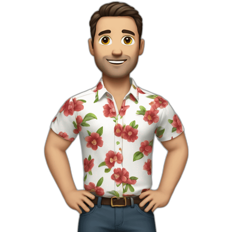 white man with a flower shirt with a red pant and dark hair emoji