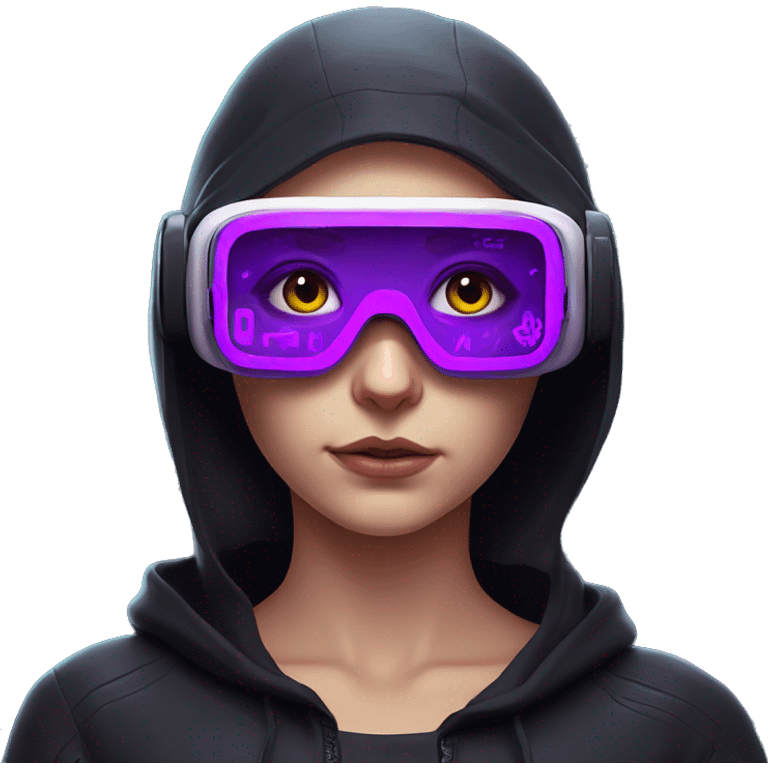 Russian girl wearing black hoody with violet letters "OMG", in vr headset. Cyberpunk style. Violet neon. emoji