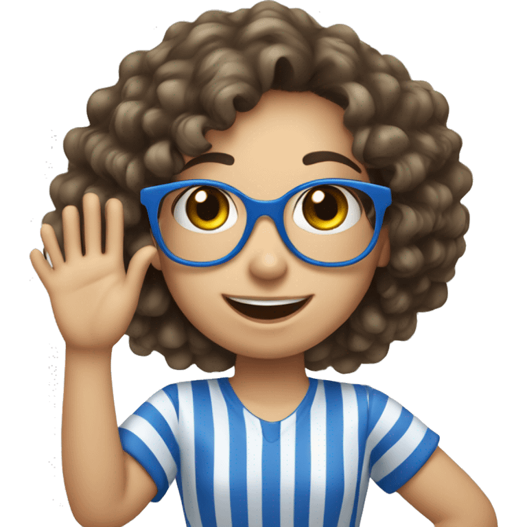 caucasian, curly brunette girl, eyes olive in blue and white striped shirt and blue glasses, waving and smiling emoji