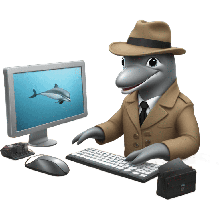 Dophin but a spy wearing a coat and a hat in brown and in a office typing on a computer  emoji