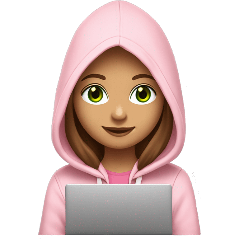 a girl with brown long hair, fair skin, green eyes, is working relaxed at a modern laptop in a monochrome pale pink zip hoodie with a hood and a pink monochrome T-shirt emoji