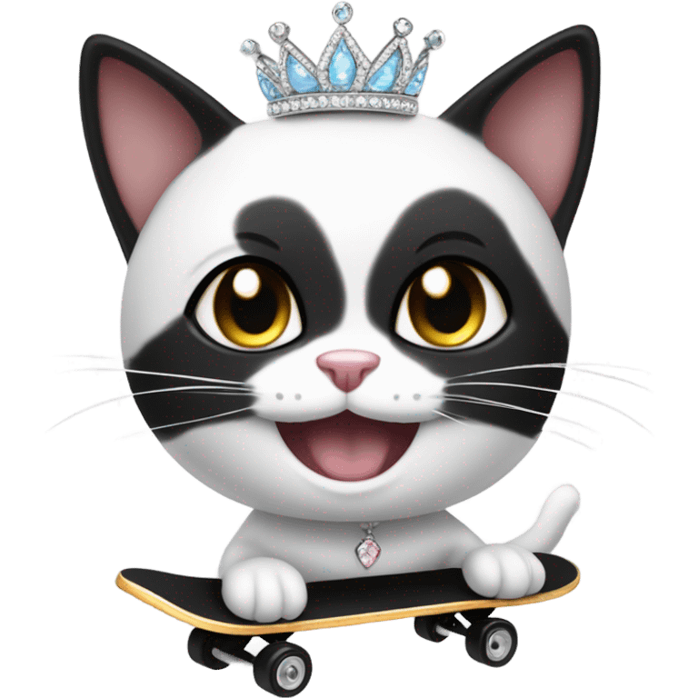 Grinning Black and white cat skateboarding wearng crystal tiara emoji