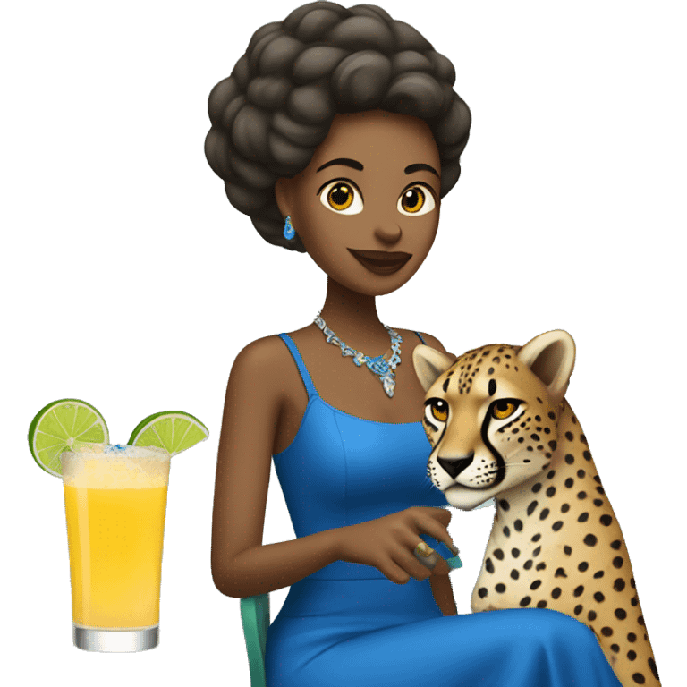 woman in blue dress drinking margarita with a cheetah logo  emoji