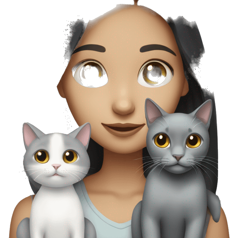 White skin girl with dark hair holding one gray cat & one white cat emoji