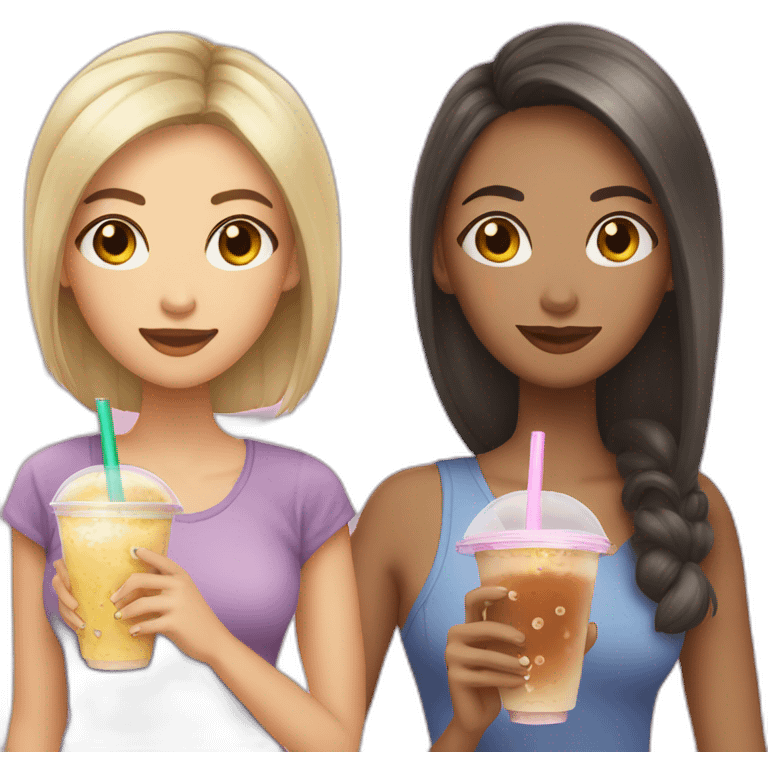 Woman with long hair and woman with short hair drinking bubble tea emoji