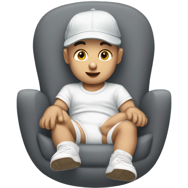 Young white man in unlabeled baseball hat rocking a white infant baby in puffy grey rocker  emoji