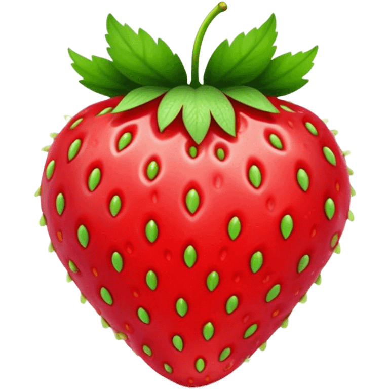 Cinematic Realistic Strawberry Emoji, Plump and juicy, with a deep red color and small, fresh seeds dotted across the skin. Its glossy, sweet surface catches the light, while bright green leaves top off the perfect, delicious berry. Soft glowing outline, capturing the essence of sweetness and freshness in a bright strawberry! emoji