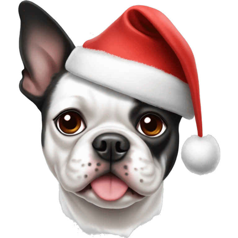 All white Boston terrier wearing Christmas hat emoji