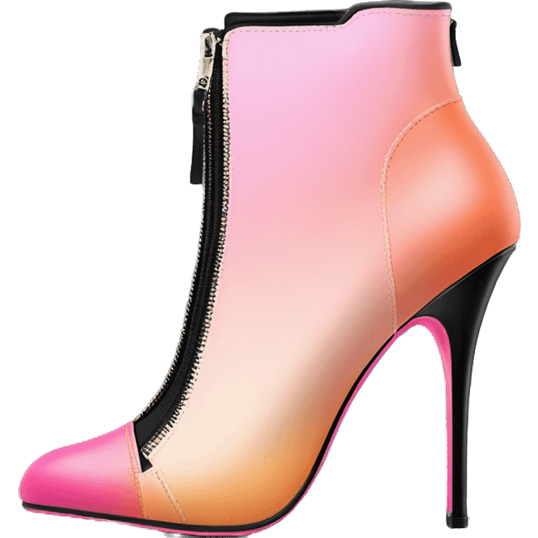 Hyper Realistic isolated top front view of a pair  of peach,pink and black ombre high heel zippered ankle bootie boots. emoji