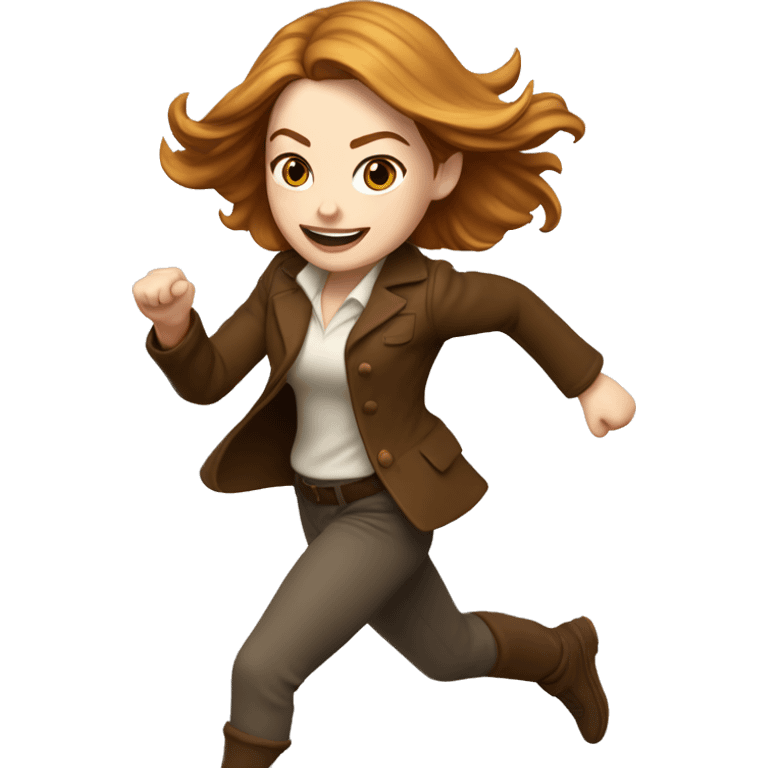 Emma Stone running, with a large stride and arms outstretched, with long golden brown hair, wearing an Christmas outfit emoji