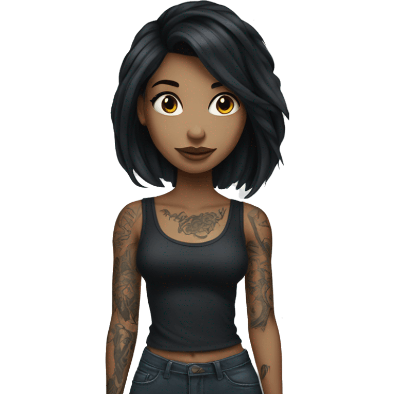 Beautiful girl with white skin, long black hair and tattoos emoji