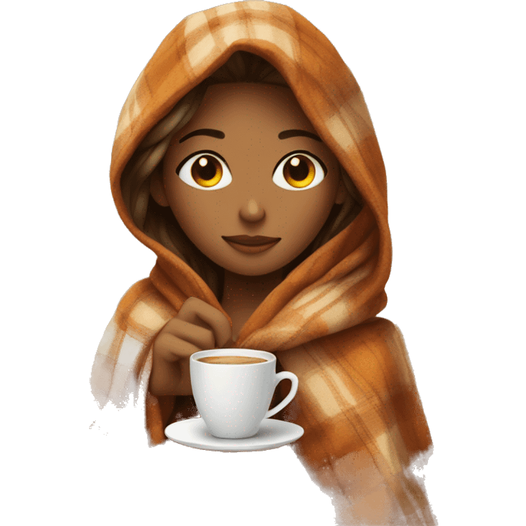 Cute girl with fall blanket and a coffee emoji