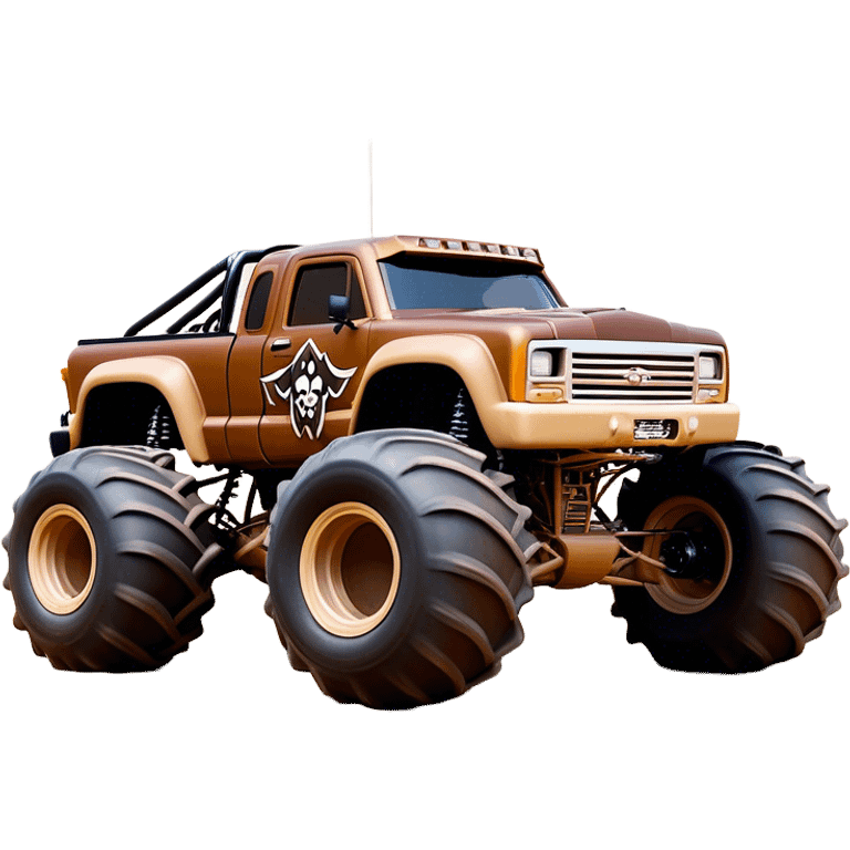 Monster Mutt - Monster Jam (Model Year: 2021) (Iconic colour: Brown with dog features) - A unique monster truck with playful, dog-inspired design cues. The vehicle is painted in warm brown tones and features subtle dog motifs (such as a stylized snout or ear shapes). It should blend the rugged power of a monster truck with quirky, endearing canine features. emoji