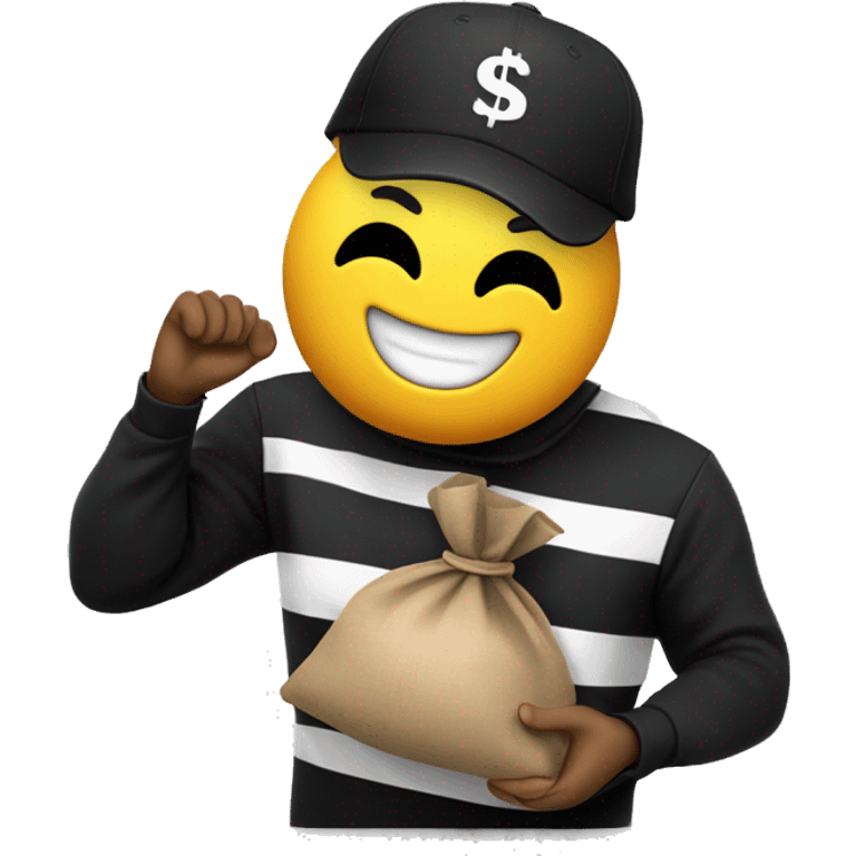 A yellow-faced emoji with a black mask, striped shirt, and a black cap smiles while holding a dollar-signed sack. The expression is friendly and playful. A normal emoji job position  emoji