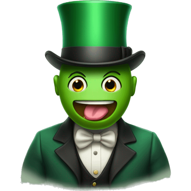 emoji face wearing a green tophat sticking his tounge out emoji