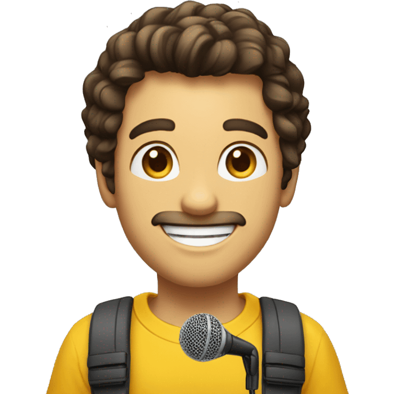 I want a brunette emoji with a microphone in his hand and with a yellow shirt and a happy look and smile emoji