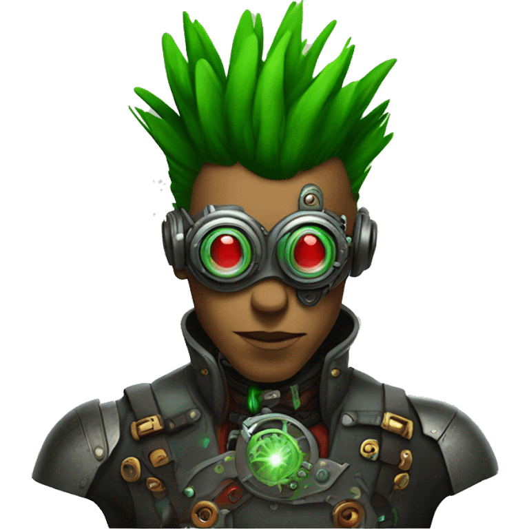 Male cyborg with thin red Mohawk and green steampunk goggles emoji