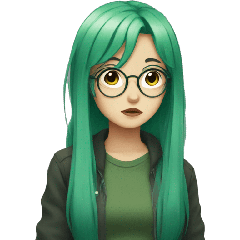 anime girl with glasses and green hair  sad emoji