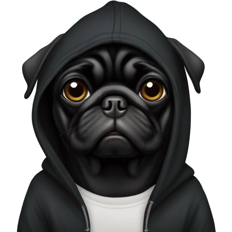 Black pug wearing a black hoodie emoji