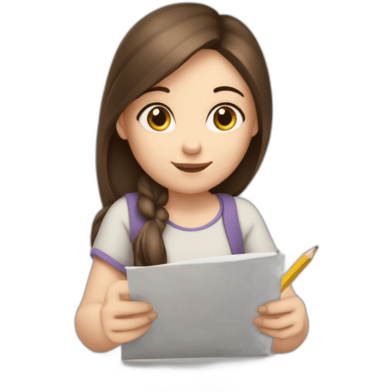 a white skin, brunette haired girl, she is writing on a paper holding a pencil emoji