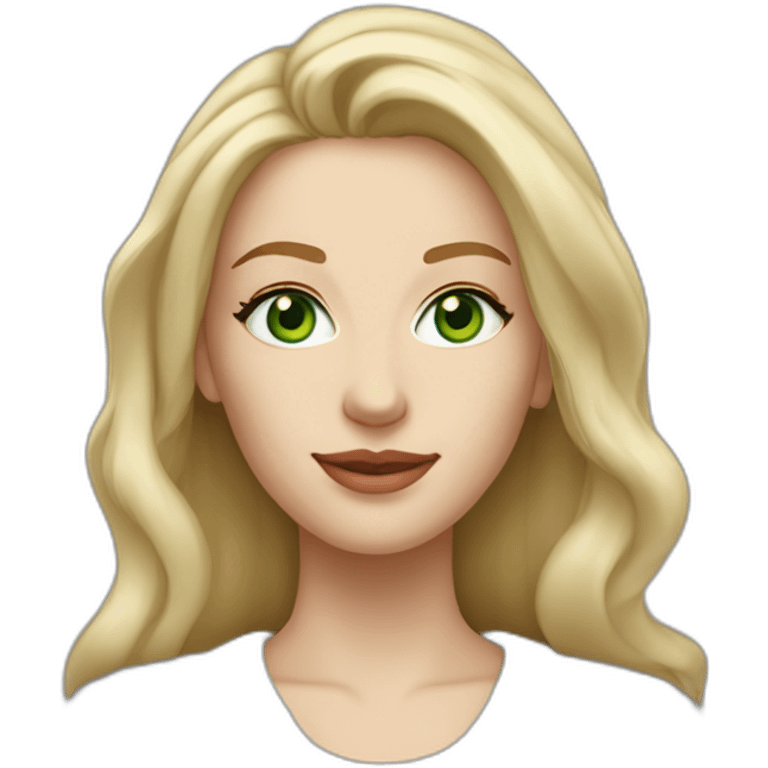 medium blonde woman with shoulderlenght hair, green eyes, long face, pale skin, silver earrings wearing a grey sweater emoji