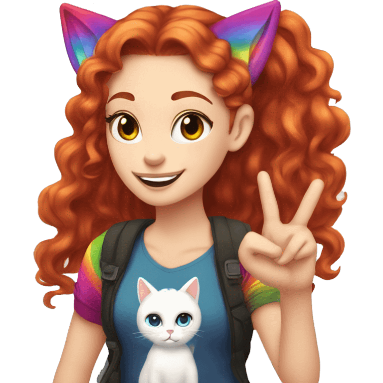 a white girl with long red curly hair in a pony tail with rainbow shirt does peace sign wearing cat ears one black other white emoji