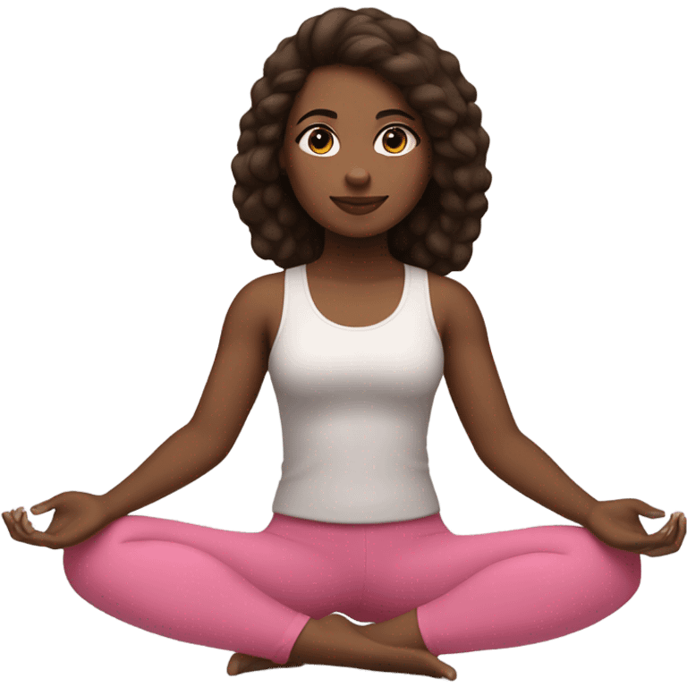 A girl sitting doing yoga, with a brown skin tone, wearing a workout top and pink leggings, with straight dark brown hair. emoji