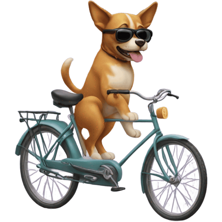 a dog with sunglasses riding a bike with a cat emoji