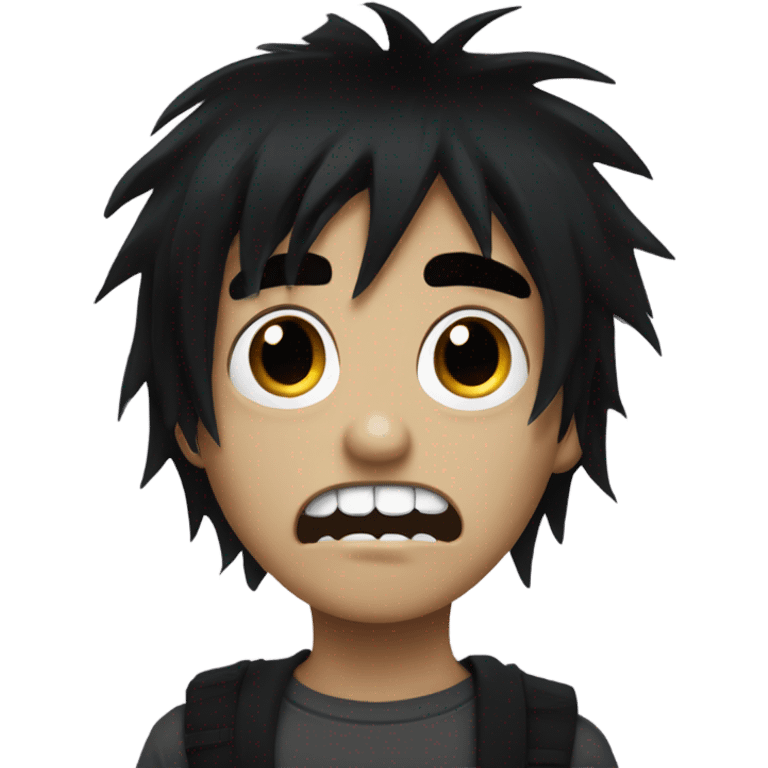 Boy, black hair, medium long, emo, shaggy, zombie, dark, spooky, creepy expression emoji