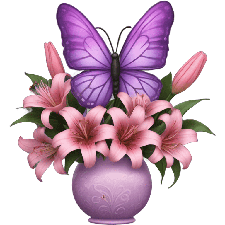 Aesthetic butterfly with purple and pink wings sitting on a dark purple bouquet of Lilies in a pastel pink vase emoji