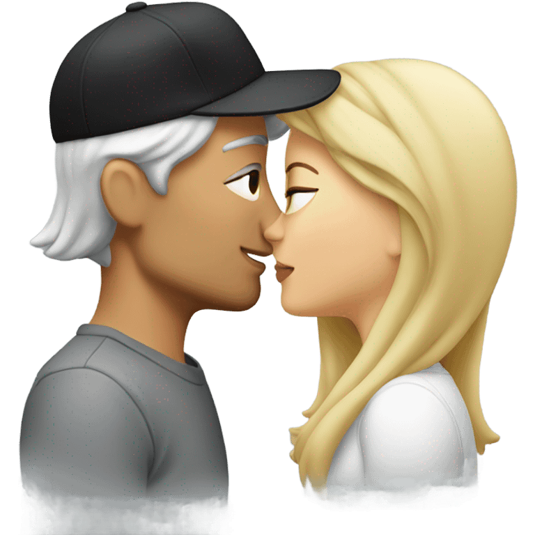 Woman with long blond hair kissing man with short grey hair and a black cap emoji