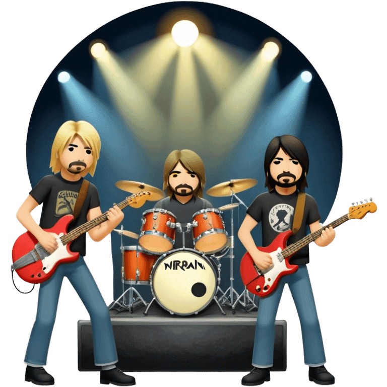 Icon for Rock Music: Nirvana performing on stage with Kurt Cobain on guitar and vocals, Krist Novoselic on bass, and Dave Grohl on drums. A grunge-inspired vibe with dynamic stage lighting and musical energy. Transparent background. emoji