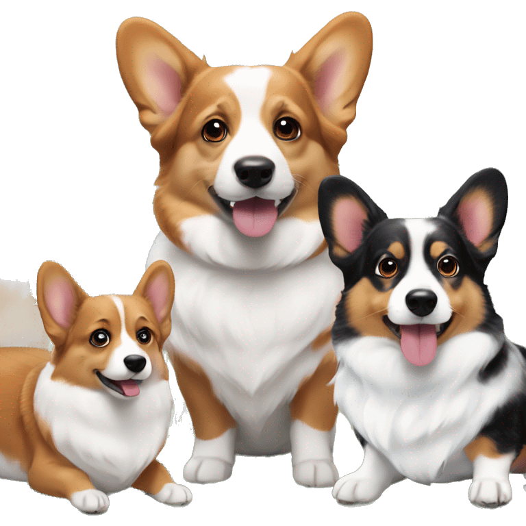 Three corgis. One is a red headed tri, one is a black headed tri, and one is a blue Merle with blue eyes emoji