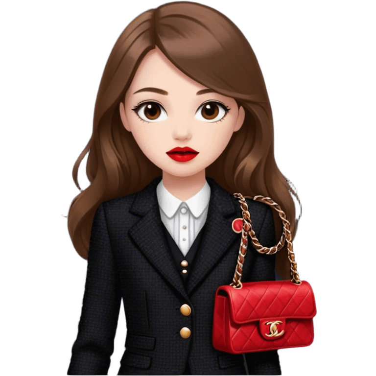 White girl with brown long hair dressed up in black chanel tweed suit with a red chanel bag and red lipstick. Close up emoji