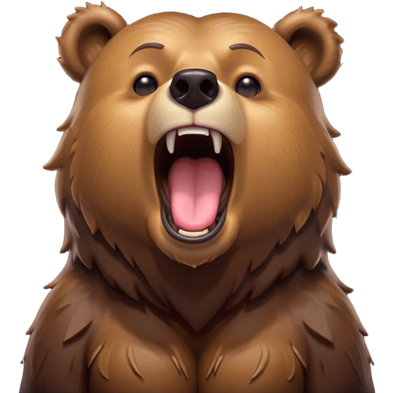 Cinematic Cute Yawning Grizzly Bear Portrait Emoji, Head tilted slightly with a dramatic, wide-open yawn, showcasing a thick, rugged deep brown fur with drooping ears, round eyes barely open in drowsy contentment, Simplified yet irresistibly adorable features, highly detailed, glowing with a soft, cozy glow, high shine, relaxed yet expressive, stylized with a touch of wild whimsy, bright and endearing, soft glowing outline, capturing the essence of a sleepy yet affectionate grizzly, so drowsy it feels like it could stretch out of the screen and curl up for a nap! emoji