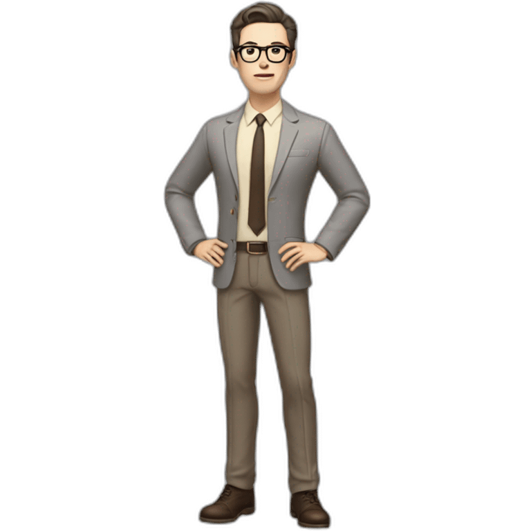 Full height Gesticulating Pale skinned fit man with dark brown hair in gray jacket, beige office shirt, brown tie, brown pants and vintage glasses. emoji