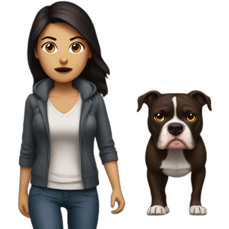 a woman with dark hair is angry and walk with a pitbull emoji