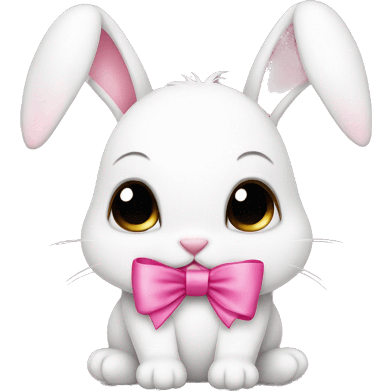 cute coquette cute white bunny with a pink ribbon on its right ear emoji