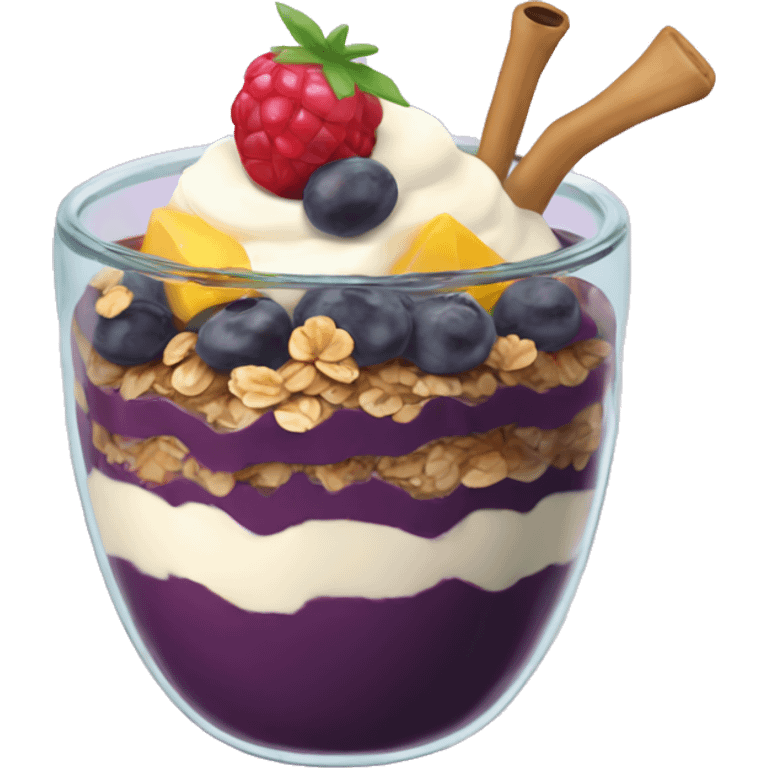 Açaí in a clear cup with layers of fruits and granola and condensed milk emoji