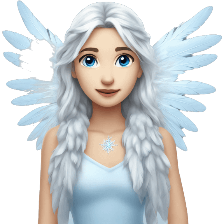 big wings, silver, feather, icy ,snowflake, Beautiful, fairy, long hair, blue eyes emoji