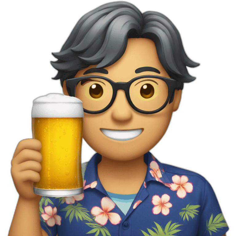 Japanese wearing glasses alohashirt is holding beer emoji