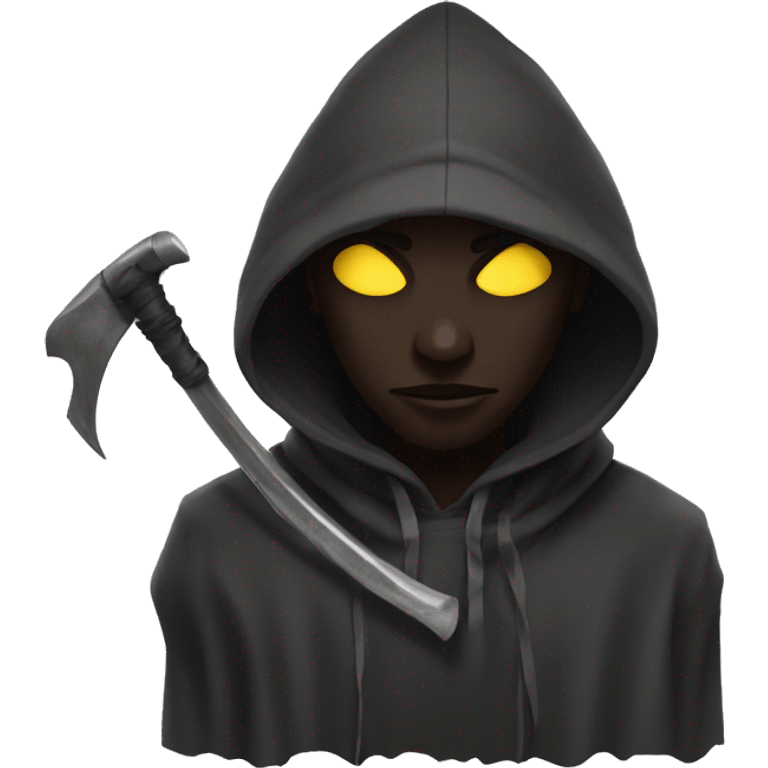 black figure with a hood and a scythe eyes spiral emoji