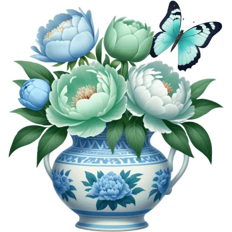 A soft green butterfly fluttering near a bouquet of pale blue and white peonies in an antique vase. emoji