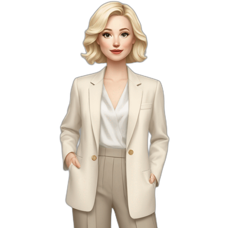 pale skin woman with ash blonde Straightened bob Hair, White Spacious classical jacket, beige palazzo Arrow pants and gray blouse holding a color palettes in the hands emoji